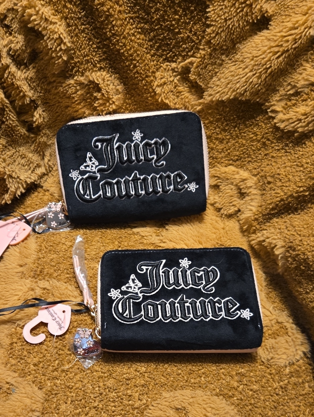 2 Juicy Couture Black Velvet Logo Zip Wallets with Pink Accents